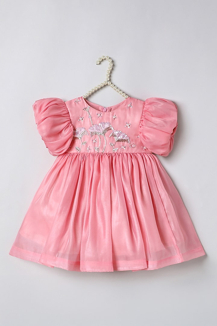 Peach Pink Tissue Embroidered Dress For Girls by BYB PREMIUM at Pernia's Pop Up Shop