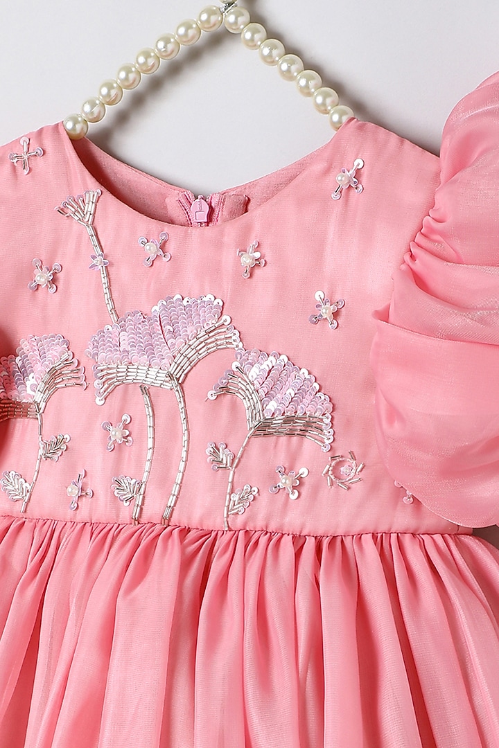 Peach Pink Tissue Embroidered Dress For Girls by BYB PREMIUM at Pernia's Pop Up Shop