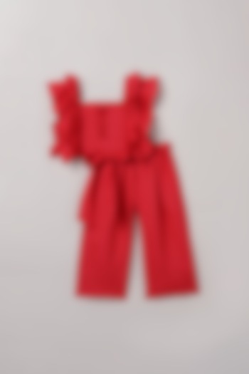 Red Pure Linen Pant Set For Girls by BYB PREMIUM