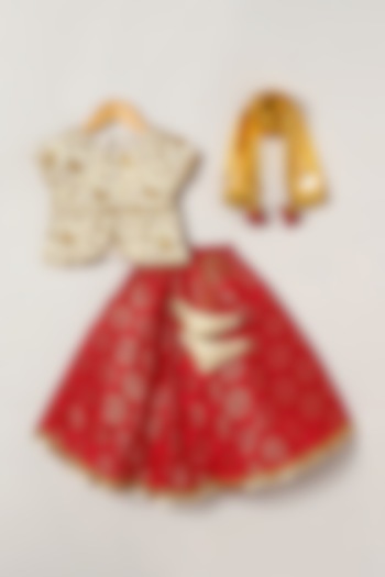 Red Brocade Embroidered Lehenga Set For Girls by BYB PREMIUM