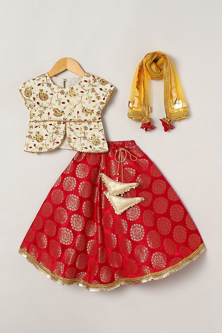 Red Brocade Embroidered Lehenga Set For Girls by BYB PREMIUM