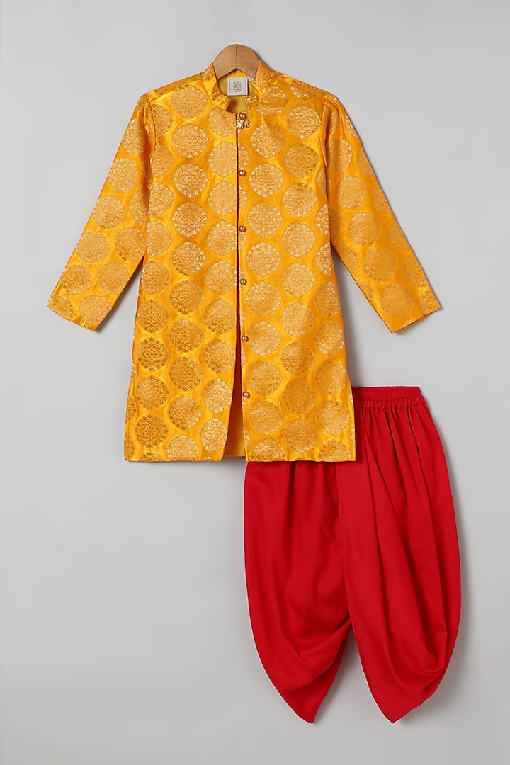 Yellow Brocade Printed Sherwani Set For Boys by BYB PREMIUM