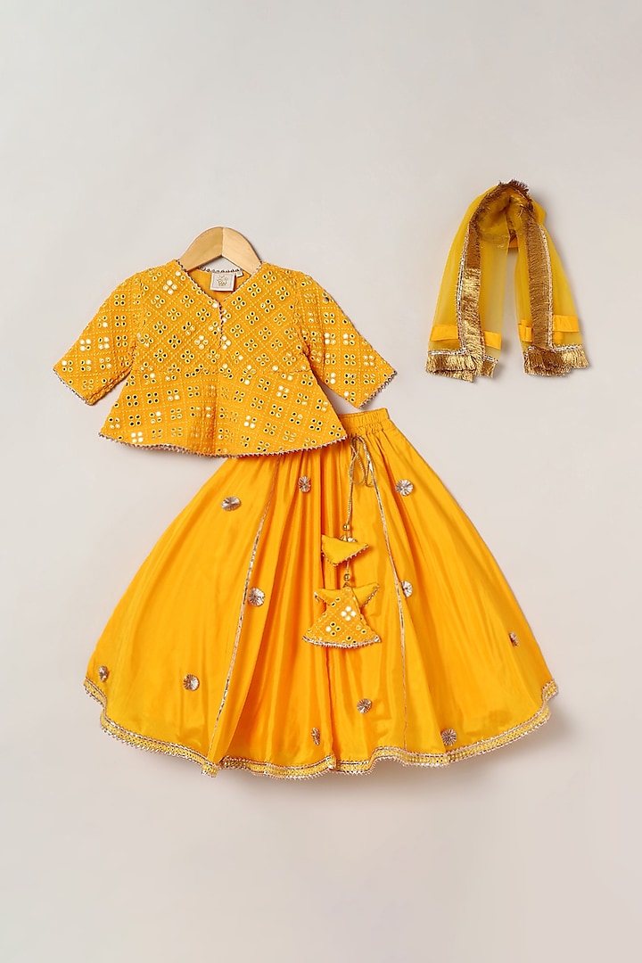 Yellow Art Silk Embroidered Lehenga Set For Girls by BYB PREMIUM