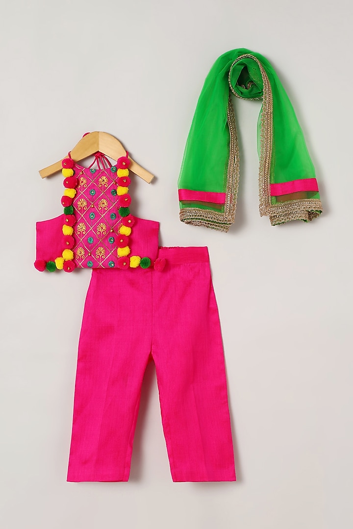Fuschia Art Matka Silk Pant Set For Girls by BYB PREMIUM