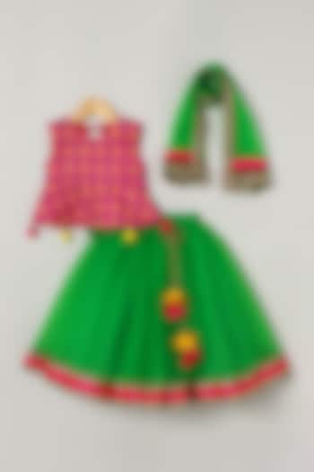 Green Tulle Embroidered Lehenga Set For Girls by BYB PREMIUM