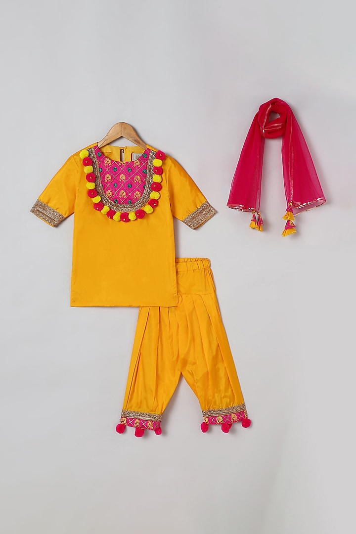 Yellow Art Silk Embroidered Kurta Set For Girls by BYB PREMIUM