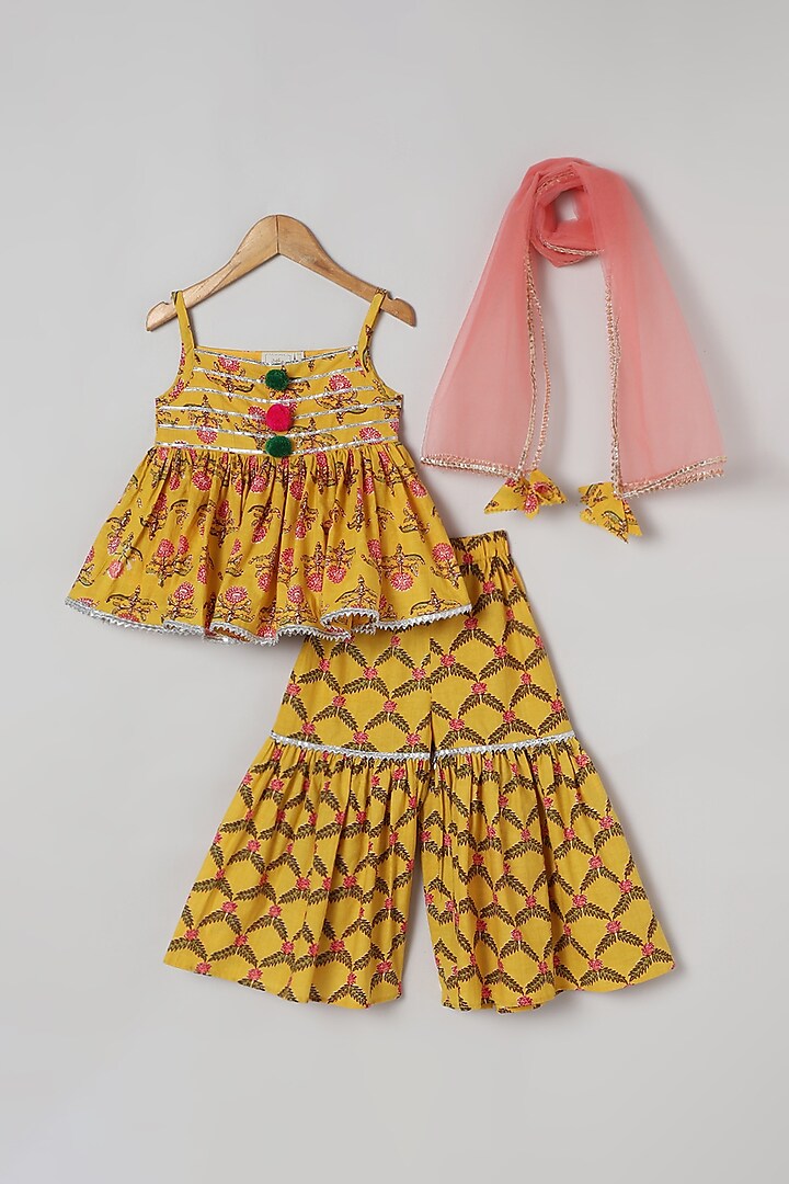 Yellow Pure Cotton Sharara Set For Girls by BYB PREMIUM