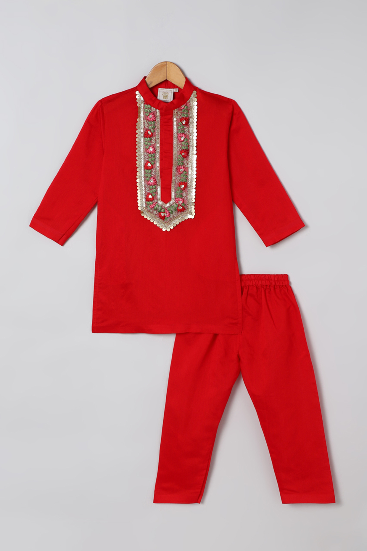 Red Chanderi Silk Embellished Kurta Set For Boys by BYB PREMIUM