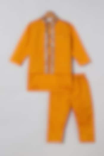 Yellow Chanderi Silk Kurta Set With Embellished Bundi Jacket For Boys by BYB PREMIUM at Pernia's Pop Up Shop