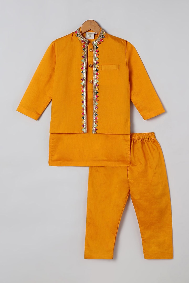Yellow Chanderi Silk Kurta Set With Embellished Bundi Jacket For Boys by BYB PREMIUM