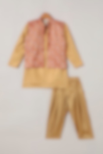 Gold Georgette Kurta Set With Printed Bundi Jacket For Boys by BYB PREMIUM at Pernia's Pop Up Shop