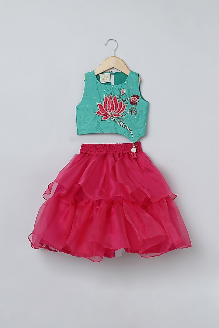 Pink Bangalore Silk & Organza Skirt Set For Girls by BYB PREMIUM