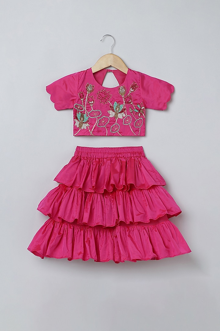 Pink Bangalore Silk & Organza Tiered Skirt Set For Girls by BYB PREMIUM