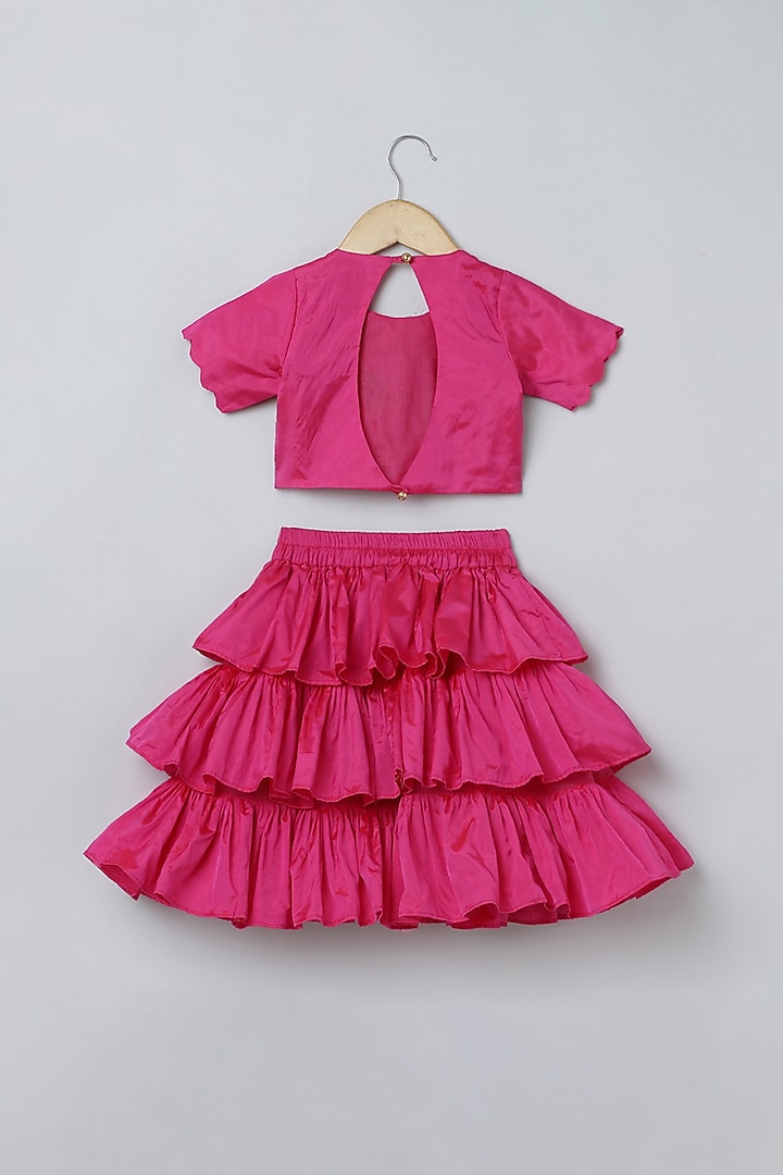 Pink Bangalore Silk & Organza Tiered Skirt Set For Girls by BYB PREMIUM at Pernia's Pop Up Shop