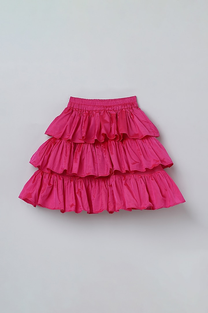 Pink Bangalore Silk & Organza Tiered Skirt Set For Girls by BYB PREMIUM at Pernia's Pop Up Shop