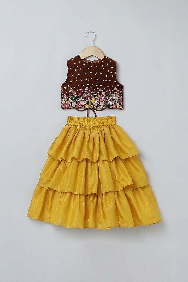 Mustard Velvet & Silk Tiered Skirt Set For Girls by BYB PREMIUM
