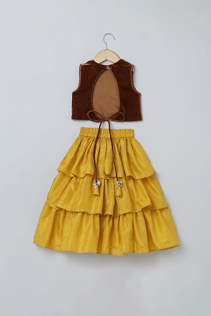 Mustard Velvet & Silk Tiered Skirt Set For Girls by BYB PREMIUM at Pernia's Pop Up Shop