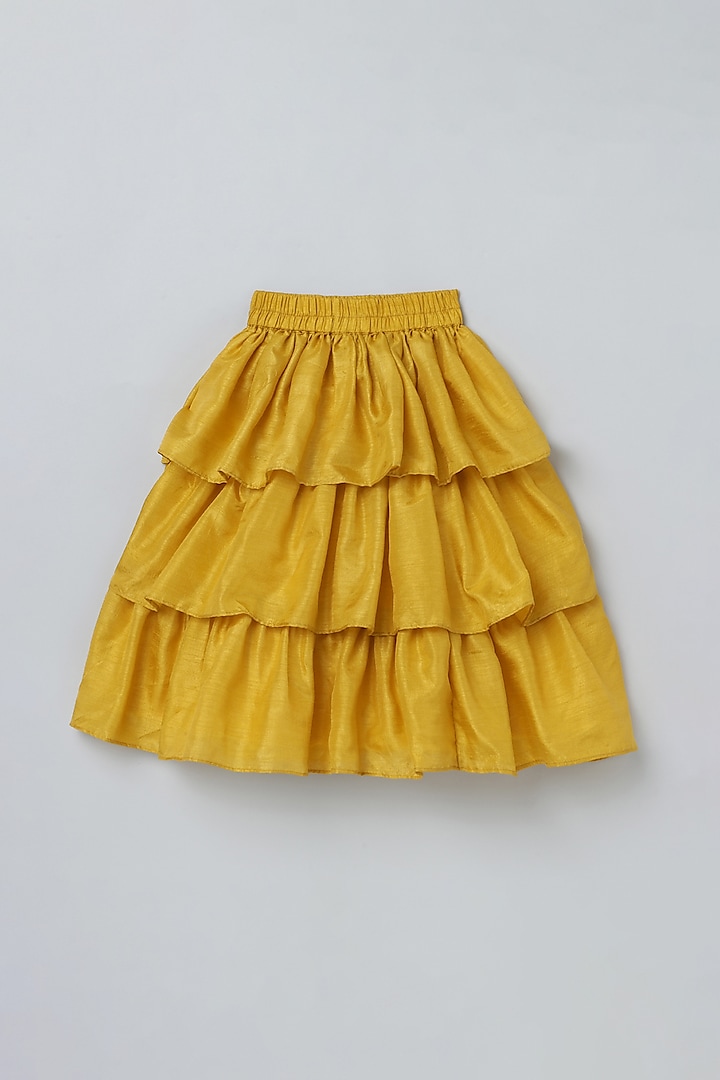 Mustard Velvet & Silk Tiered Skirt Set For Girls by BYB PREMIUM at Pernia's Pop Up Shop
