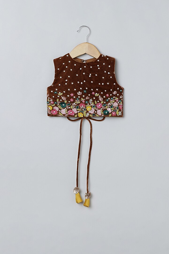Mustard Velvet & Silk Tiered Skirt Set For Girls by BYB PREMIUM at Pernia's Pop Up Shop