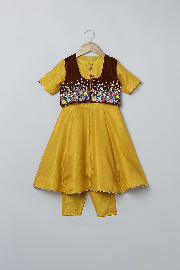 Mustard Yellow Dola Silk & Velvet Anarkali Set For Girls by BYB PREMIUM at Pernia's Pop Up Shop