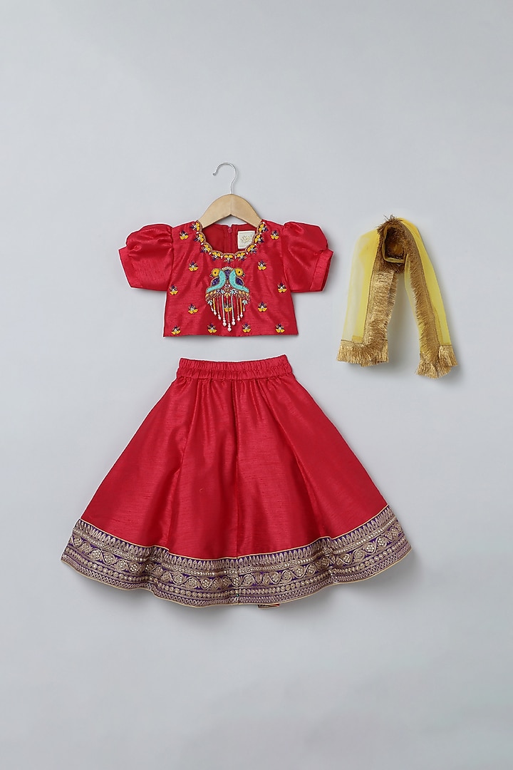 Red Silk Bead Embroidered Lehenga Set For Girls by BYB PREMIUM at Pernia's Pop Up Shop