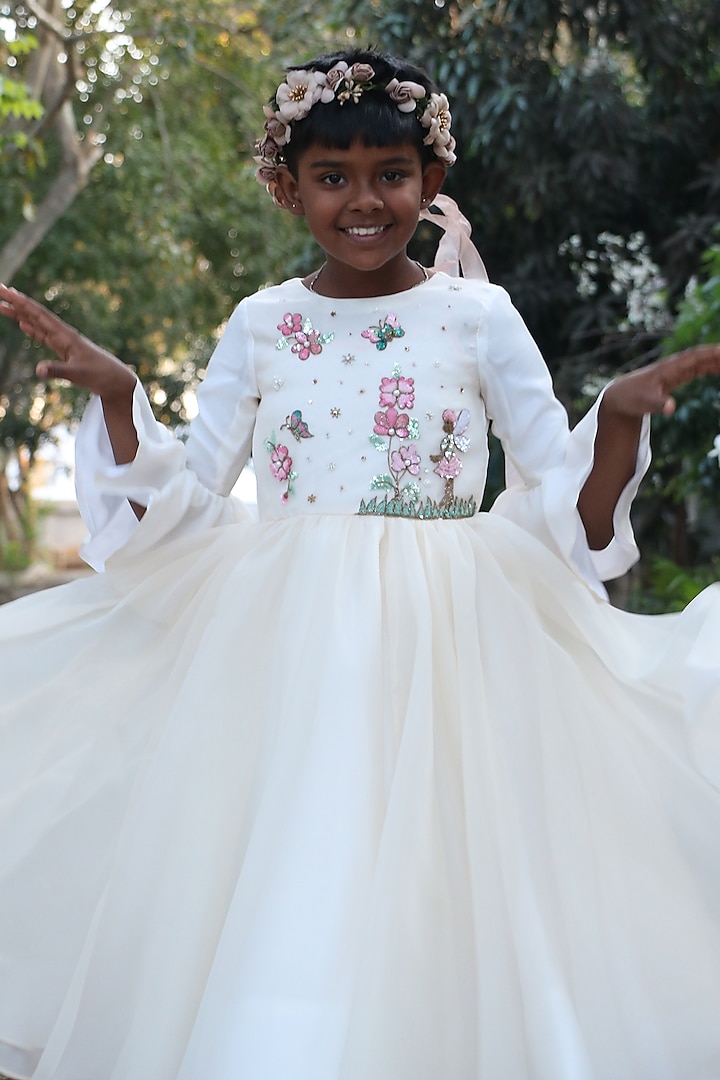 White Organza Hand Embroidered Gown For Girls by BYB PREMIUM