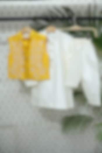 Yellow Raw Silk Pearl Hand Embroidered Nehru Jacket Set by BYB PREMIUM