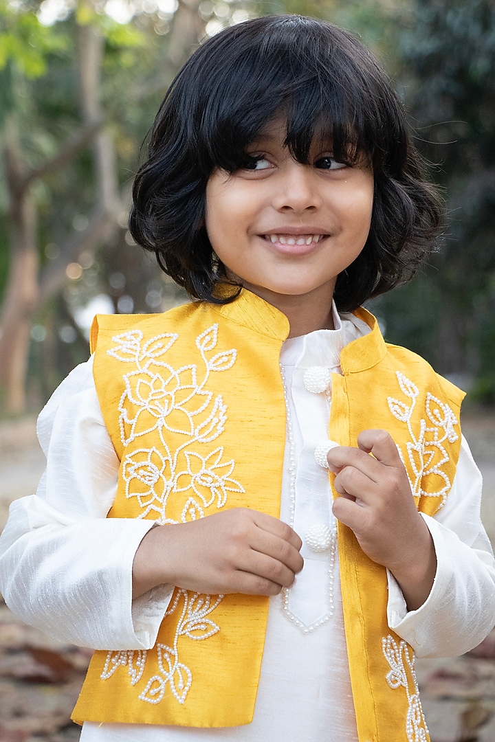 Yellow Raw Silk Pearl Hand Embroidered Nehru Jacket Set by BYB PREMIUM at Pernia's Pop Up Shop