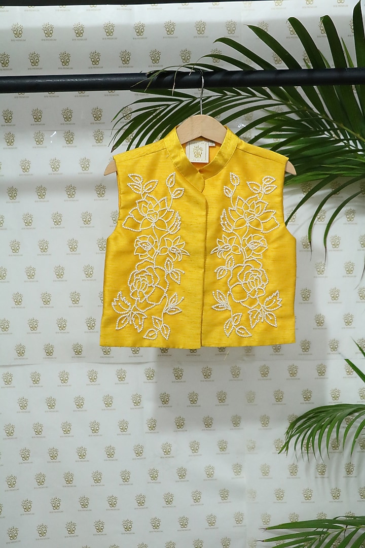 Yellow Raw Silk Pearl Hand Embroidered Nehru Jacket Set by BYB PREMIUM at Pernia's Pop Up Shop