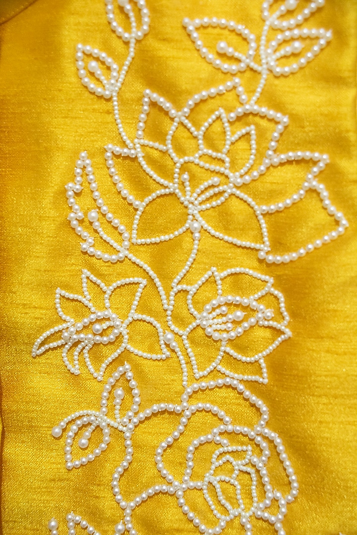 Yellow Raw Silk Pearl Hand Embroidered Nehru Jacket Set by BYB PREMIUM at Pernia's Pop Up Shop