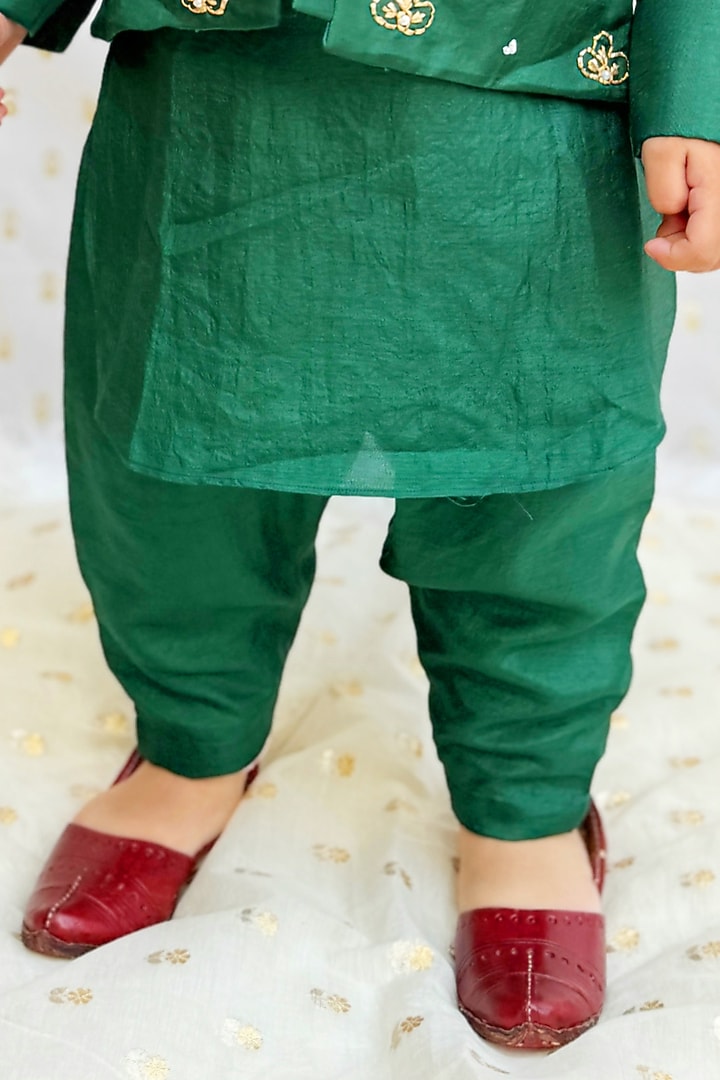 Dark Green Dola Silk Kurta Set For Boys by BYB PREMIUM at Pernia's Pop Up Shop