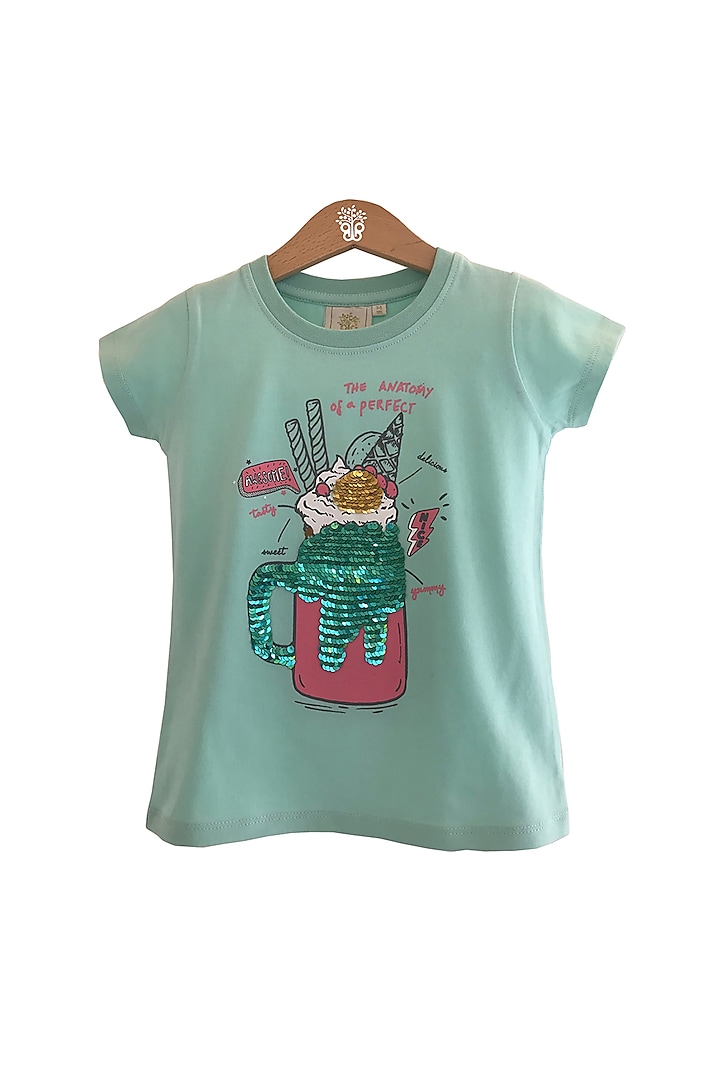 Teal Blue Embellished T-Shirt For Girls by BYB PREMIUM