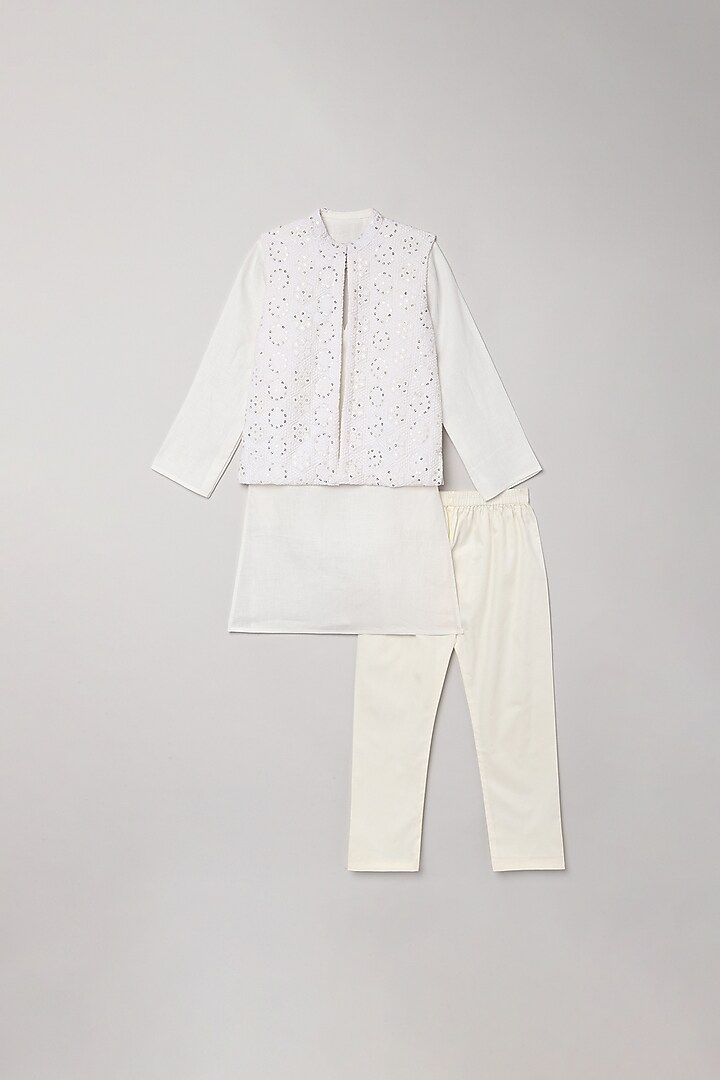 White Linen Kurta Set With Bundi Jacket For Boys by BYB PREMIUM