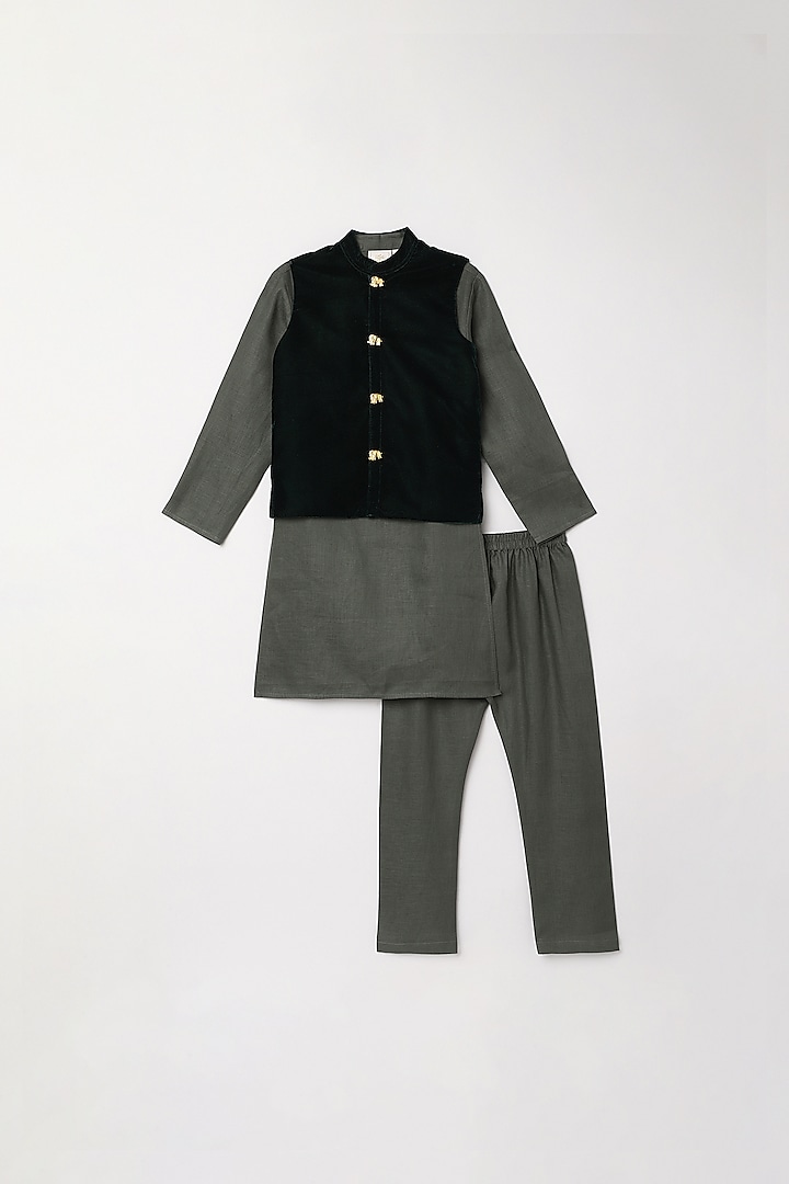 Grey Linen Cotton Kurta Set With Bundi Jacket For Boys by BYB PREMIUM
