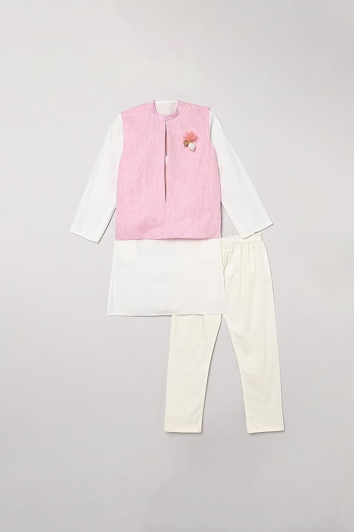 White Linen Kurta Set With Pink Bundi Jacket For Boys by BYB PREMIUM