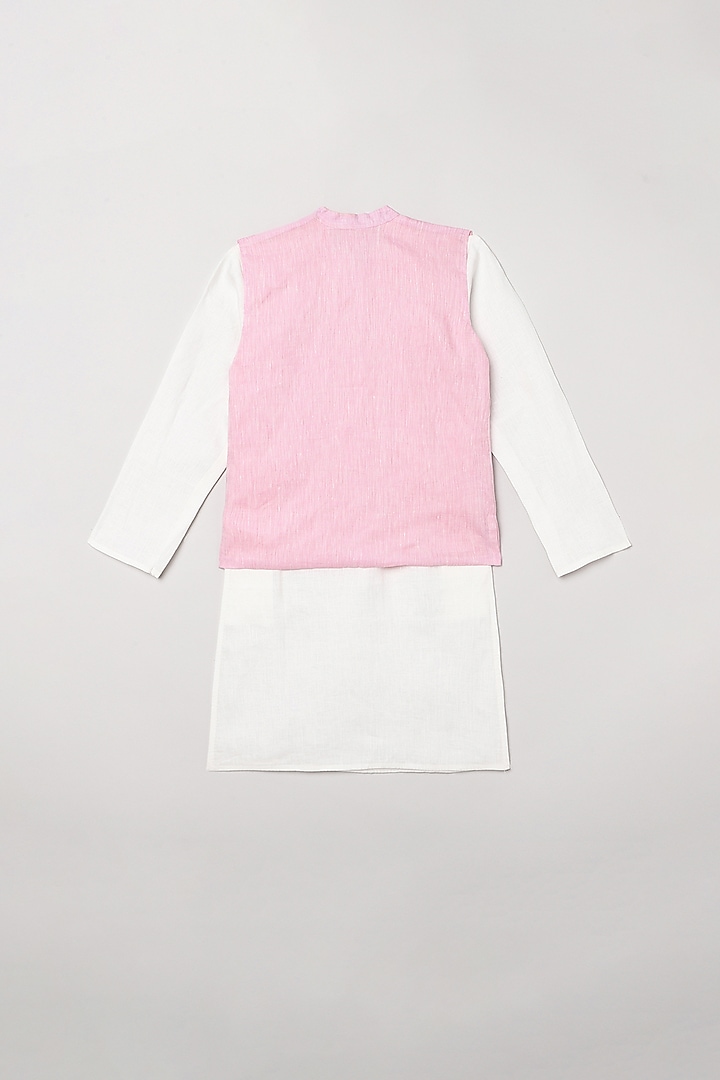 White Linen Kurta Set With Pink Bundi Jacket For Boys by BYB PREMIUM at Pernia's Pop Up Shop