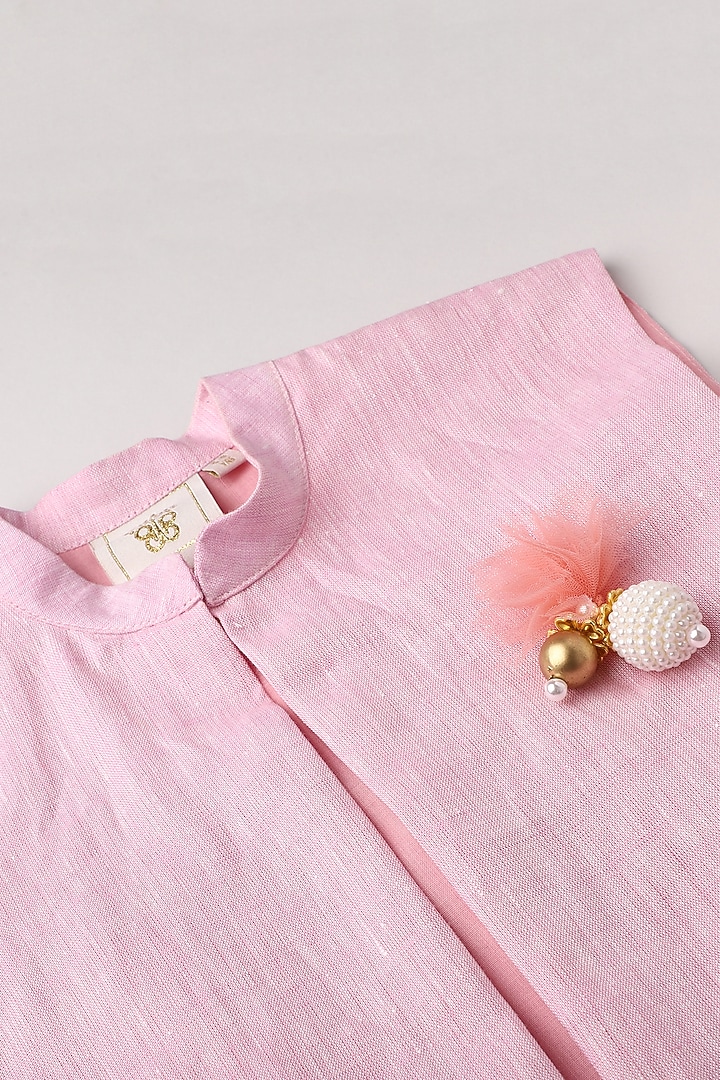 White Linen Kurta Set With Pink Bundi Jacket For Boys by BYB PREMIUM at Pernia's Pop Up Shop