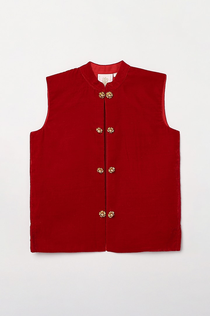 Red Velvet Bundi Jacket For Boys by BYB PREMIUM