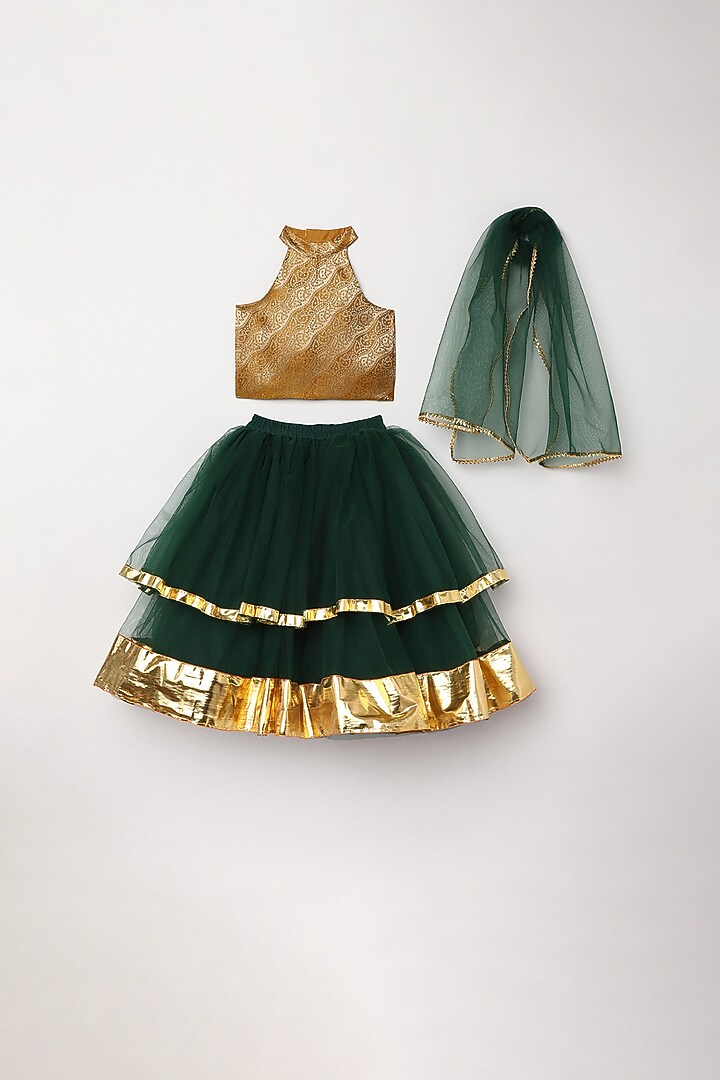 Dark Green Tulle Lehenga Set For Girls by BYB PREMIUM at Pernia's Pop Up Shop