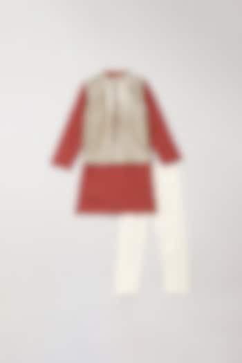 Brick Red Kurta Set With Bundi Jacket For Boys by BYB PREMIUM at Pernia's Pop Up Shop