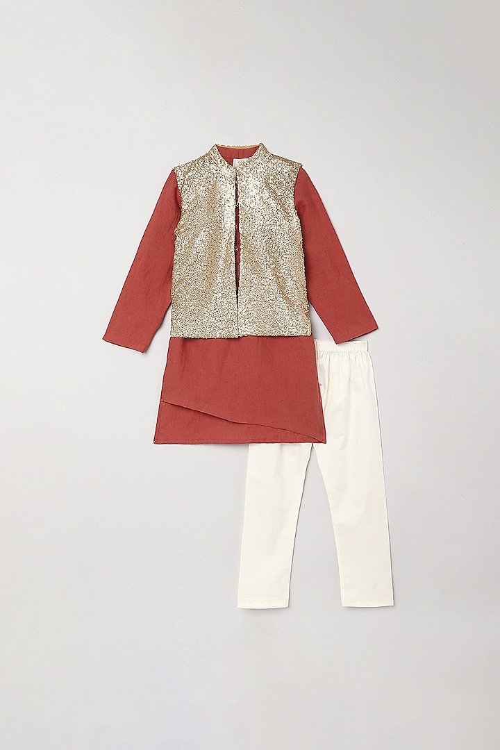 Brick Red Kurta Set With Bundi Jacket For Boys by BYB PREMIUM at Pernia's Pop Up Shop