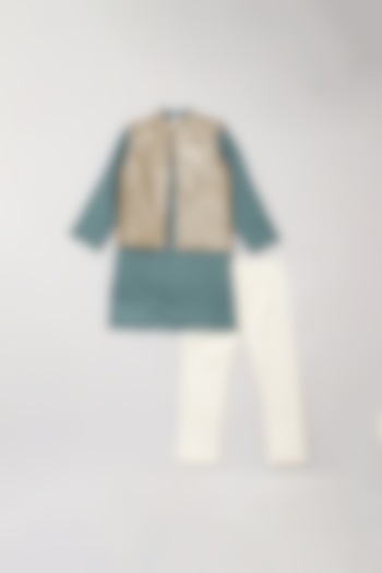 Sage Green Linen Kurta Set With Bundi Jacket For Boys by BYB PREMIUM