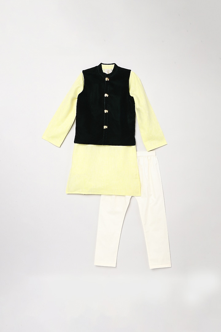 Lime Linen Cotton Kurta Set With Bundi Jacket For Boys by BYB PREMIUM