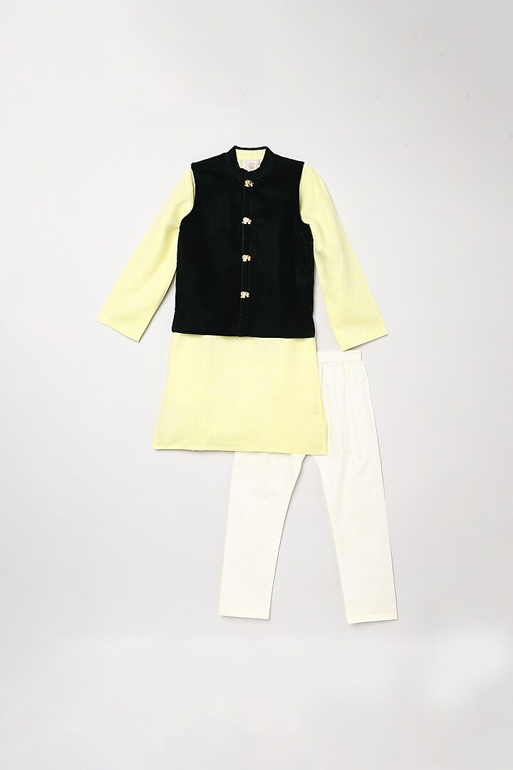 Lime Linen Cotton Kurta Set With Bundi Jacket For Boys by BYB PREMIUM at Pernia's Pop Up Shop
