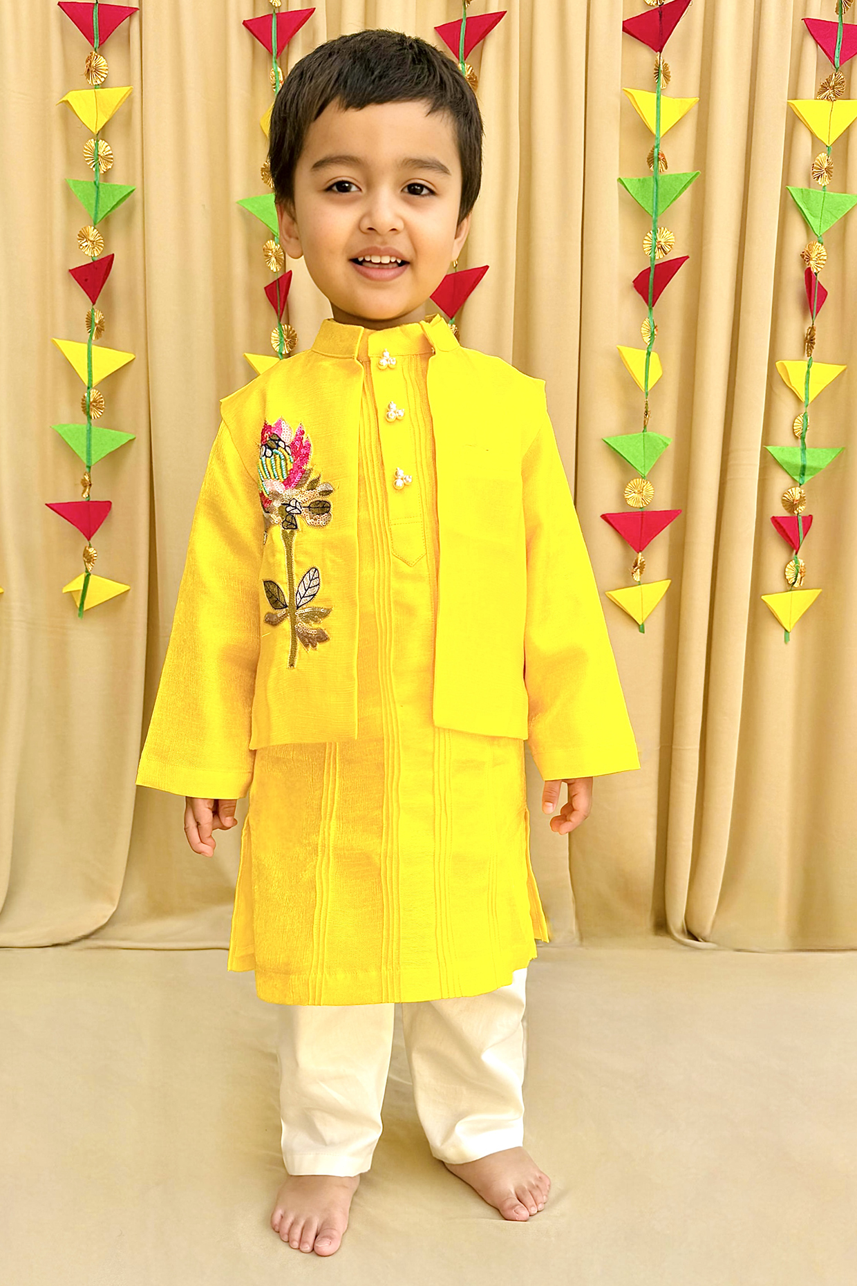 Bright Yellow Tissue Bundi Jacket Set For Boys by BYB PREMIUM