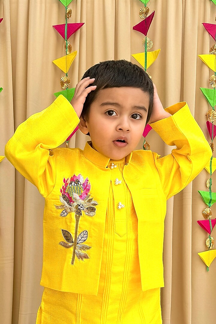 Bright Yellow Tissue Bundi Jacket Set For Boys by BYB PREMIUM at Pernia's Pop Up Shop
