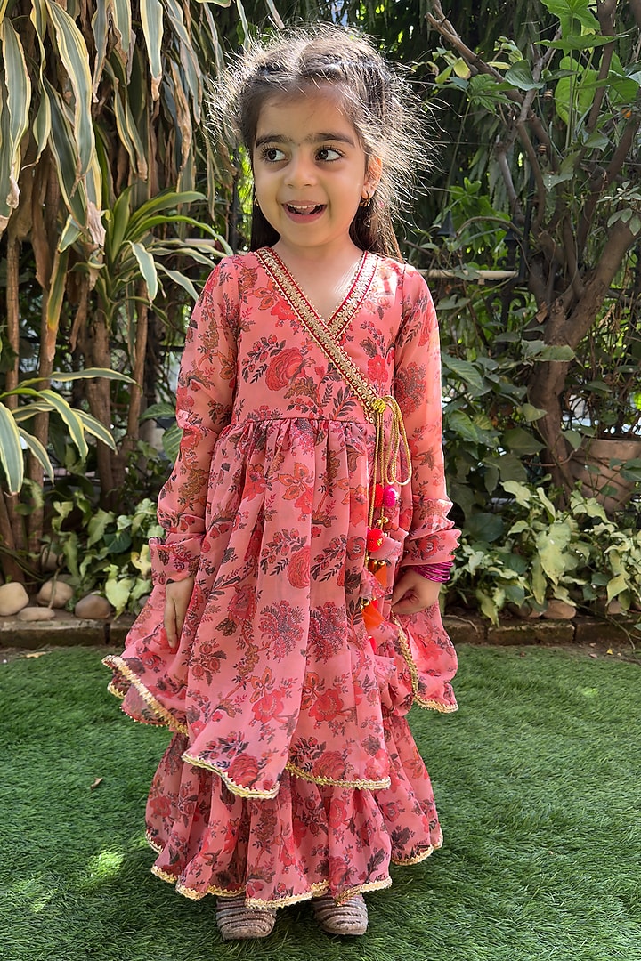 Peach Georgette Embellished Sharara Set For Girls by BYB PREMIUM at Pernia's Pop Up Shop