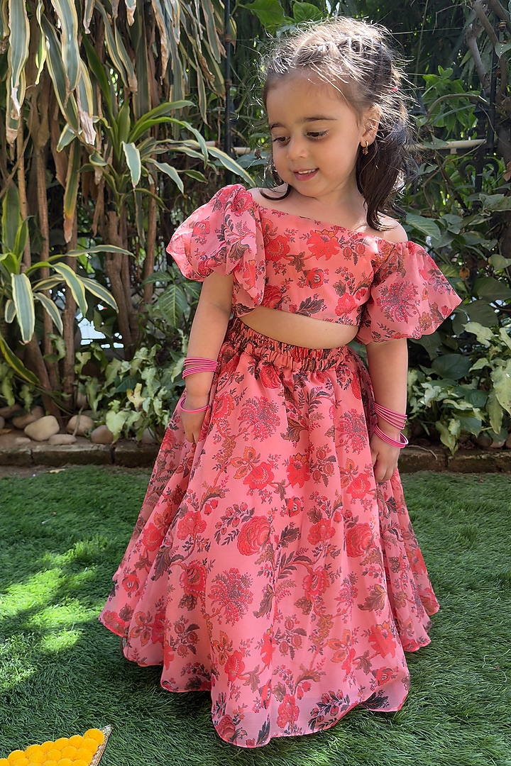 Peach Georgette Embellished Skirt Set For Girls by BYB PREMIUM at Pernia's Pop Up Shop