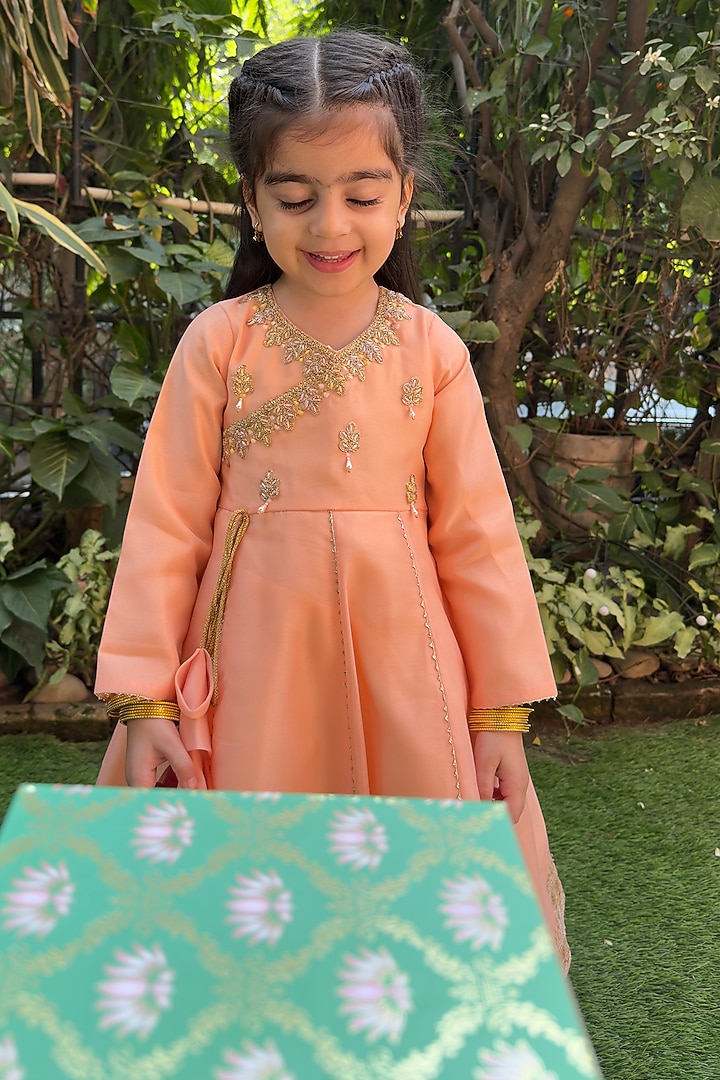 Light Peach Chanderi Embellished Anarkali Set For Girls by BYB PREMIUM at Pernia's Pop Up Shop