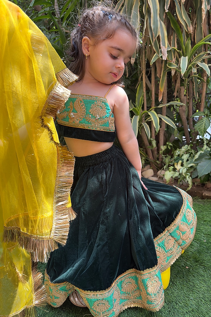 Dark Green Velvet Embellished Skirt Set For Girls by BYB PREMIUM at Pernia's Pop Up Shop